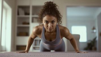 lindo jovem mulher exercício às casa ilustração ai generativo foto