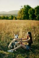 mulher sentado dentro campo com dachshund cachorro sorridente enquanto gastos Tempo dentro natureza com amigo cachorro dentro outono às pôr do sol enquanto viajando foto