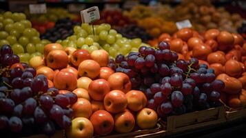 uma coleção do frutas em uma supermercado estante ,fresco fruta produtos dentro a Shopping , generativo ai foto