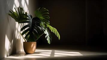 uma quarto com uma calmante conceito decorado com tropical plantas dentro a luz solar , generativo ai foto