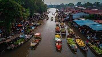 flutuando tradicional mercado, tradicional flutuando barco mercado, Visão a partir de drone, generativo ai foto
