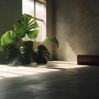 uma quarto com uma calmante conceito decorado com tropical plantas dentro a luz solar , generativo ai foto