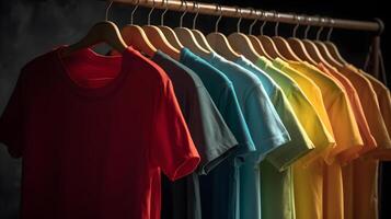 coleção do algodão Camisetas suspensão em cabides, exibição do algodão camiseta produtos , generativo ai foto
