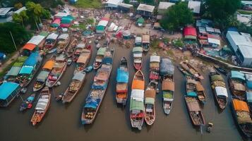 flutuando tradicional mercado, tradicional flutuando barco mercado, Visão a partir de drone, generativo ai foto