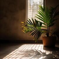 uma quarto com uma calmante conceito decorado com tropical plantas dentro a luz solar , generativo ai foto