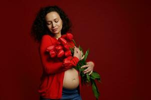 delicioso bonita expectante mãe, grávida mulher com uma grupo do vermelho tulipas, isolado em cor fundo. mulheres dia foto