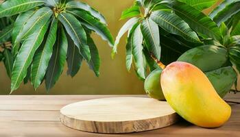 manga fruta suspensão em uma árvore com uma rústico de madeira mesa foto
