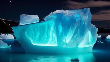 luminescente iceberg dentro a lago às noite ai gerado foto