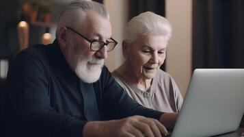 feliz Senior casal usando computador portátil computador às casa ai gerado foto