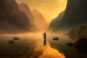 uma enevoado manhã de a rio, uma pescador fundição dele linha, sobrenatural paisagens ai gerado foto