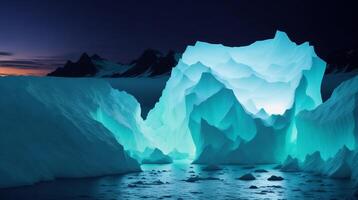 luminescente iceberg dentro a lago às noite ai gerado foto