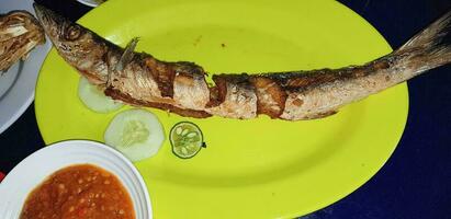 frutos do mar prato servido em a mesa e prato a partir de acima com diferente tipo do prato a partir de frito peixe barracuda, pargo, atum mandíbulas, e Além disso misturar do tropical legumes foto