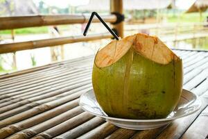 fresco verde coco, jovem coco pronto para beber foto