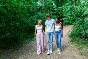 jovem sorridente amigos caminhando e falando ar livre. feliz melhor amigos rindo e tendo Diversão. amigos passeios turísticos dentro verão enquanto em período de férias. foto