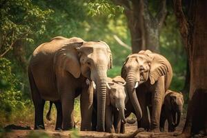 Ásia elefantes família caminhando dentro a natural parque, animal animais selvagens habitat dentro a natureza floresta, lindo do vida, maciço corpo papel, maior mamífero, com generativo ai. foto