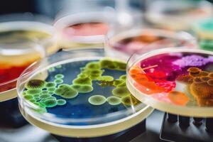 colorida variedade do microrganismo dentro petri prato prato dentro laboratório com super macro ampliação fundo, Incluindo do bactérias, protozoários, algas, e fungos, com generativo ai. foto