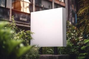 uma em branco branco quadrado metal placa zombar acima dentro moderno urbano com generativo ai foto