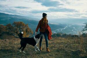 mulher caminhante cachorro caminhando natureza montanhas panorama foto