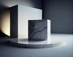 abstrato 3d pódio para produtos apresentação com geométrico formas, esvaziar volta pódio, plataformas para produtos apresentação com sombras e luz background.generative ai foto