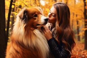 uma mulher se beijando dela Amado cachorro criada com generativo ai tecnologia. foto