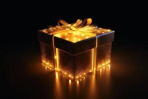 uma brilhando dourado presente caixa criada com generativo ai tecnologia. foto
