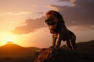 a leão rei pôr do sol Visão criada com generativo ai tecnologia. foto
