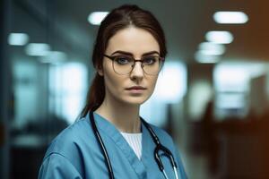 uma fêmea médico dentro uma hospital criada com generativo ai tecnologia. foto