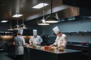 profissional chefs cozinhando dentro uma moderno cozinha criada com generativo ai tecnologia. foto