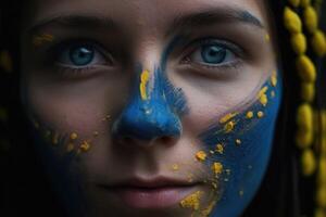 fechar acima do uma fêmea face com ucraniano cores criada com generativo ai tecnologia. foto