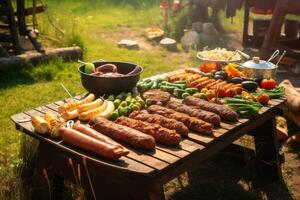 uma saboroso churrasco com salsichas e legumes criada com generativo ai tecnologia. foto