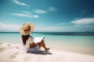 uma mulher às uma tropical de praia relaxante enquanto lendo uma livro criada com generativo ai tecnologia. foto
