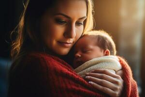 uma mãe segurando dela bebê dentro dela braços criada com generativo ai tecnologia. foto