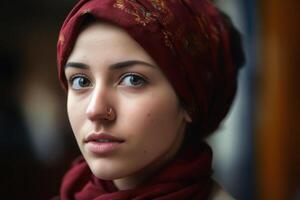 fechar acima Visão do uma jovem mulher com uma lenço de cabeça criada com generativo ai tecnologia. foto