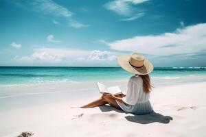 uma mulher às uma tropical de praia relaxante enquanto lendo uma livro criada com generativo ai tecnologia. foto