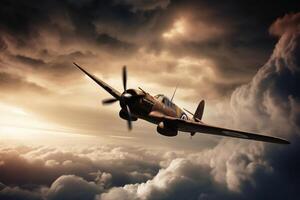 uma segundo mundo guerra brigando avião dentro uma dramático céu criada com generativo ai tecnologia. foto