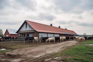 uma moderno ampla celeiro para vacas para leite Produção criada com generativo ai tecnologia. foto