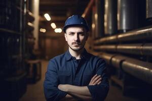 uma confiante masculino fábrica trabalhador com braços cruzado criada com generativo ai tecnologia. foto