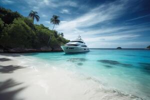 uma luxo iate dentro a profundo água dentro frente do uma tropical de praia criada com generativo ai tecnologia. foto