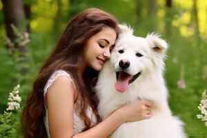 uma mulher se beijando dela Amado cachorro criada com generativo ai tecnologia. foto