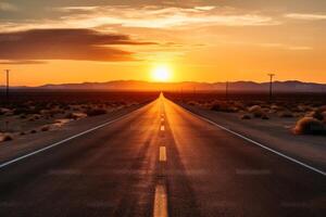 uma solitário em linha reta estrada dentro a americano panorama às pôr do sol criada com generativo ai tecnologia. foto