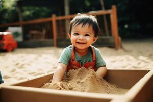uma feliz pequeno criança jogando dentro uma caixa de areia criada com generativo ai tecnologia. foto