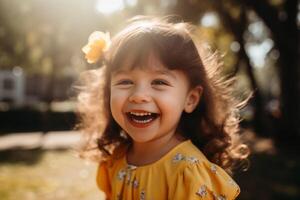 uma retrato do feliz sorridente menina em uma ensolarado dia criada com generativo ai tecnologia. foto