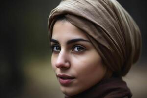 fechar acima Visão do uma jovem mulher com uma lenço de cabeça criada com generativo ai tecnologia. foto