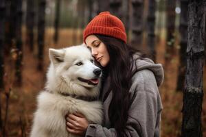 uma mulher se beijando dela Amado cachorro criada com generativo ai tecnologia. foto