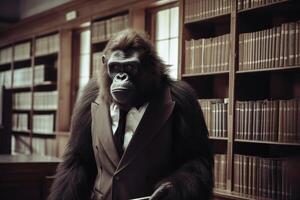 macaco vestindo uma terno dentro uma biblioteca foto