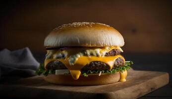 comida, fumaça, quente grande hamburguer sanduíche. generativo ai foto