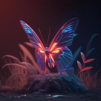 néon brilhando borboleta animal isolado em Sombrio fundo, fantasmagórico iridescente, psíquico ondas criada com generativo ai tecnologia foto