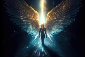 anjo com estendido asas sobe para dentro a céu sobre uma viga do luz . ai gerado foto