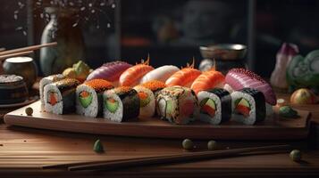 Sushi rolos dentro uma caloroso e convidativo contexto. isolado em uma acolhedor fundo. ótimo para seu cardápio, comida, ou culinária ilustrações. generativo ai. foto