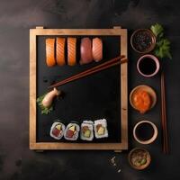 recentemente fez Sushi rolos isolado em uma Preto fundo, perfeito para Comida temático projetos. Comida poster modelo. generativo ai foto
